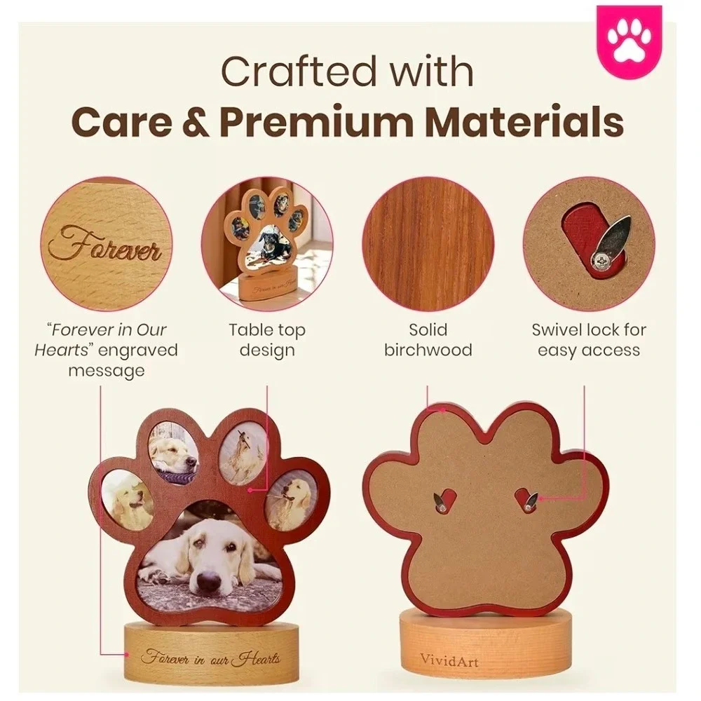 VividArt Paw Print Pet Memorial Photo Frame Mahogany Birchwood Forever in Hearts